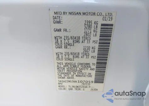 2019 Nissan Murano Sv z USA, uszkodzony, nr VIN 5N1AZ2MS3KN107059